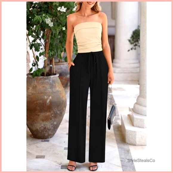 Ribbed Knit Crop Top & Wide Leg Pants Lounge Set, Polyester Elastane - Picture 3 of 6